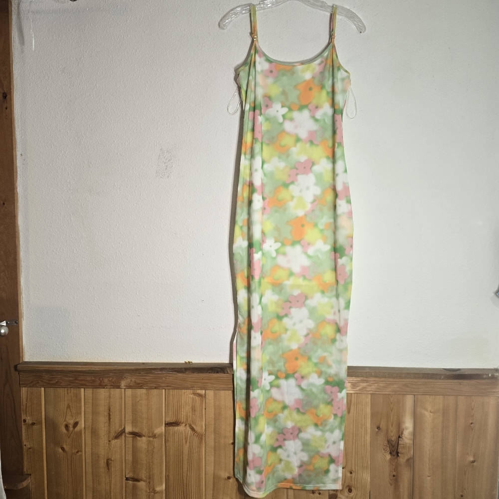Glamorous Blurred-Flower Mesh Bodycon Maxi Summer Strap Party Dress Womens Sz M